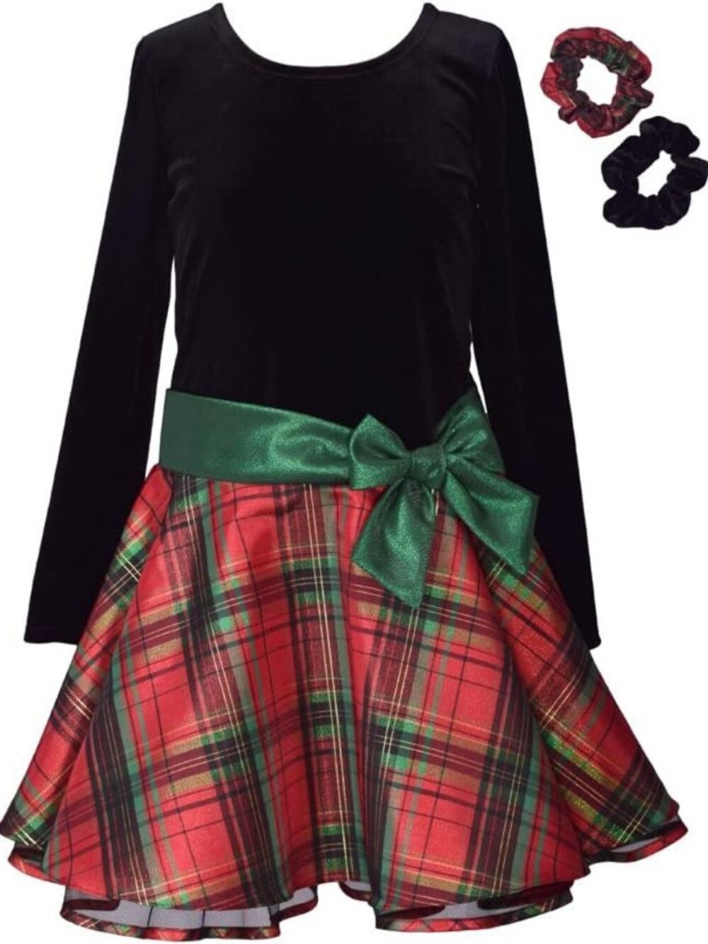 Chic Girls Holiday Dress - Classic Plaid Velvet with Hair Accessories, Size 4-12